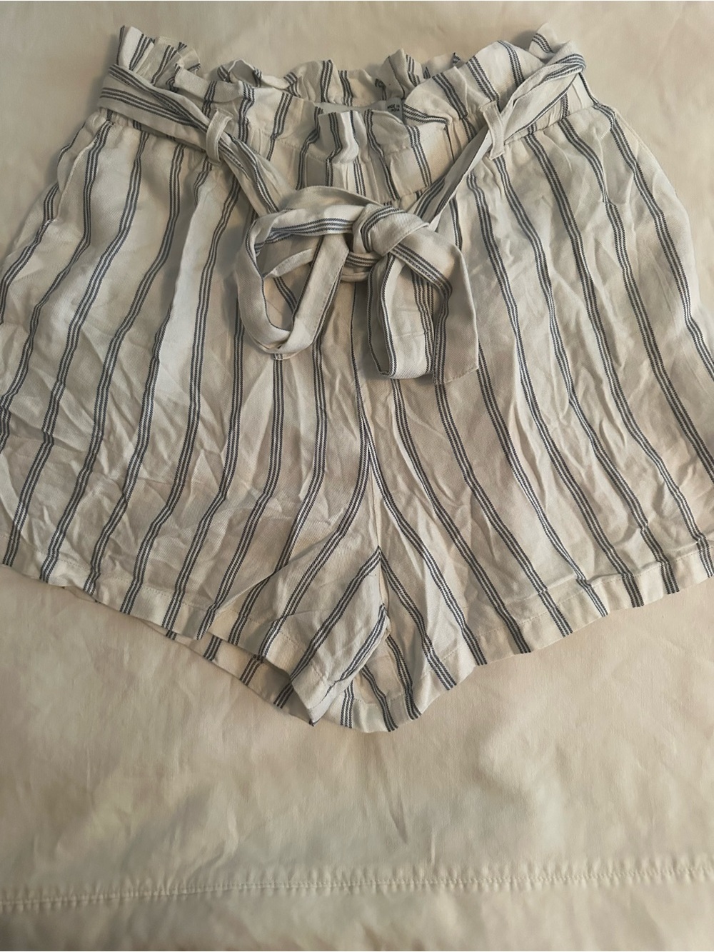 Hollister White High-Waist Paperbag Shorts with Navy Stripes